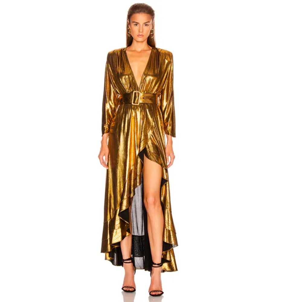 Retrofête Wayne Gold Metallic Lamé Belted Wrap High Low‎ Ruffle Dress XS